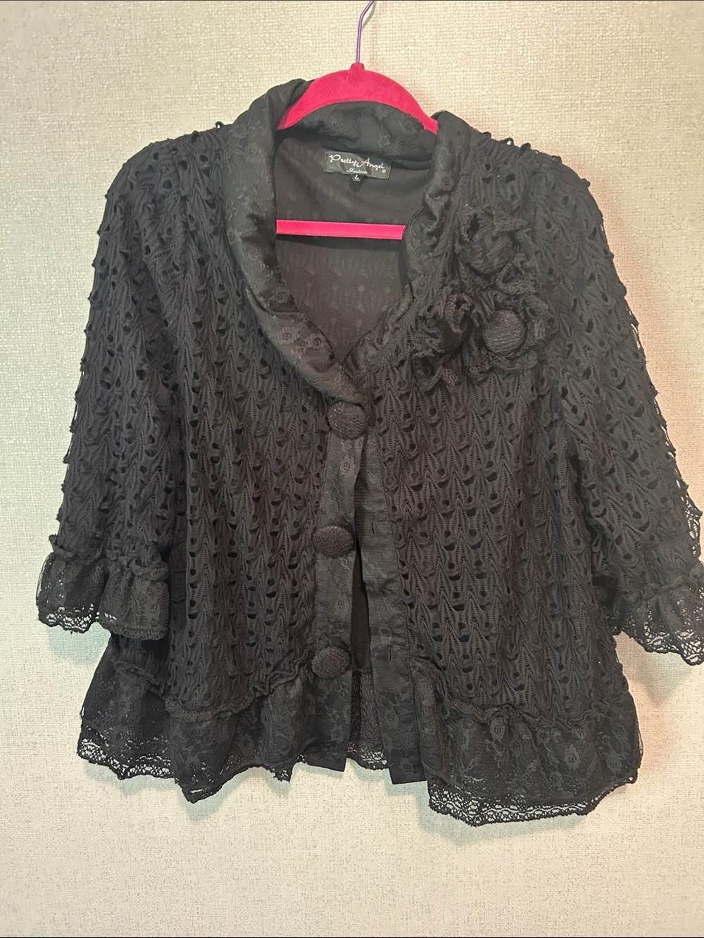 Pretty Angel Black Lace Crochet Button-Up Blouse